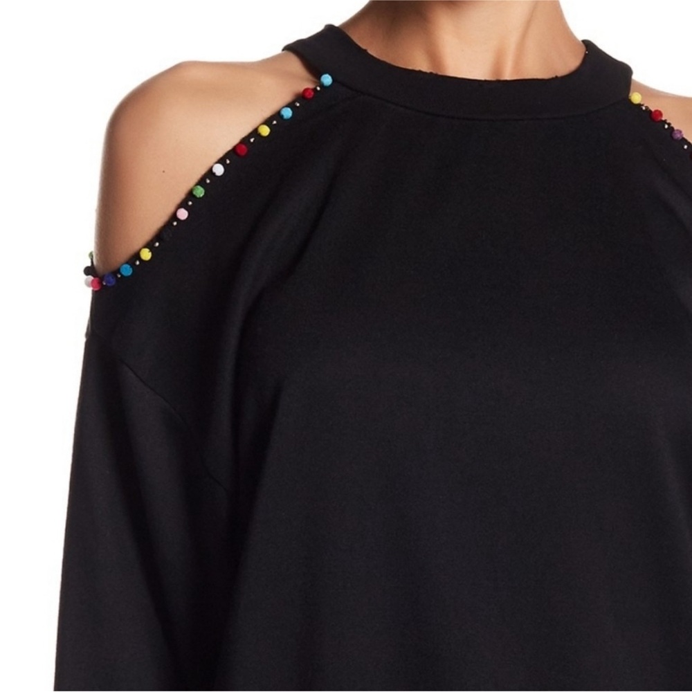 Honey Punch Cold Shoulder Pom Pom Sweatshirt Distress Edges